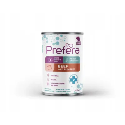 PREFERA MPD, XS-XL, Vită și dovleac, dietă veterinară, conservă hrană umedă monoproteică fără cereale câini, (în suc propriu), 400g