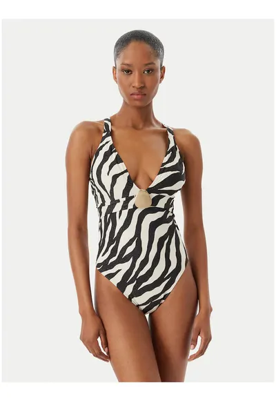 Costum de baie dama - negru/bej - imprimeu animal print - material elastic