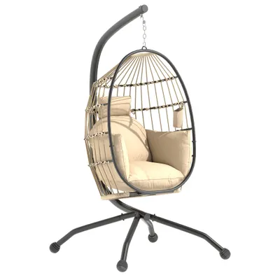 Outsunny Fotoliu Suspendat Tip Ou cu Lanț Reglabil, 2 Perne Detașabile și Suport pentru Pahare, Scaun Balansoar Pliabil pentru Grădină, Bază în X din Oțel, pentru Interior și Exterior, 120x88x192 cm, Bej | Aosom Romania
