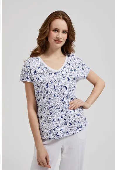 Bluza albă cu model floral și decolteu în V - Alb