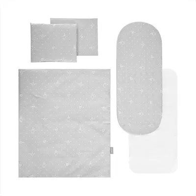 Set lenjerie pentru carucior Lorelli Little Bear Grey cu 6 piese si protectie impermeabila