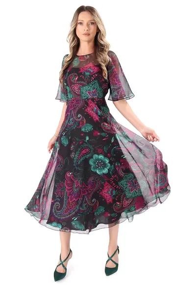 Rochie fluture din voal imprimat digital cu motive florale - Mov