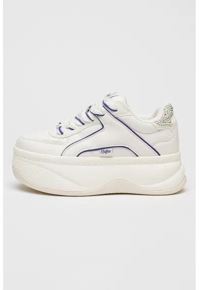 Pantofi sport flatform de piele ecologica cu strasuri - Alb optic/Ametist