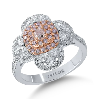 Inel din aur alb-roz cu diamante incolore taietura rose si rotunde de 0.86ct si diamante roz taietura cushion si rotunde de 0.43ct