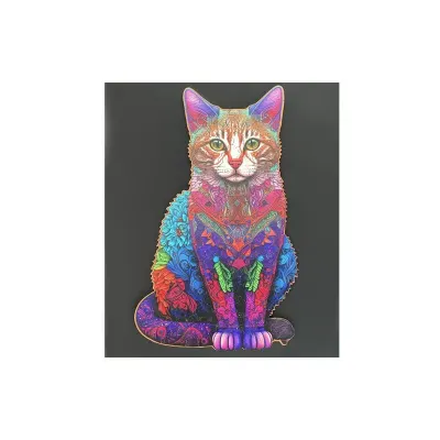 Puzzle din lemn, set 130 piese multicolor, forma pisica, 38x24 cm