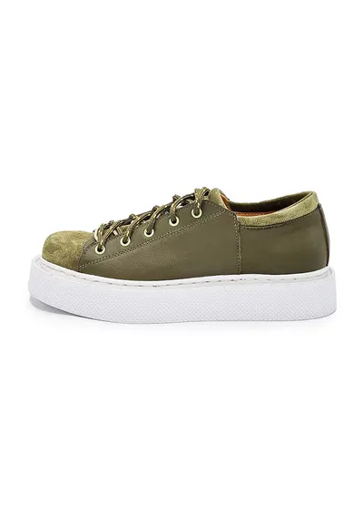 Pantofi din piele cu insertii din piele intoarsa - Kaki