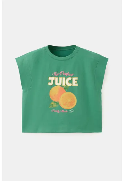 Tricou cu decolteu la baza gatului si imprimeu cu fructe - Verde