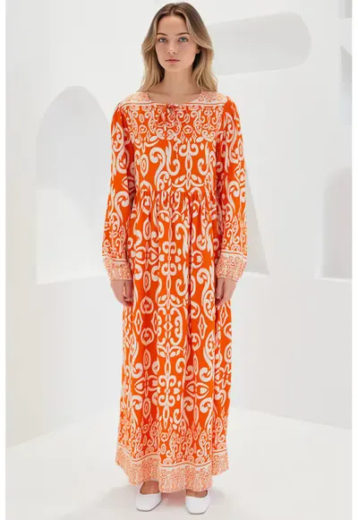 Rochie maxi dama - HiCCUP - cu imprimeu - inchidere cu snur - viscoza - portocaliu/bej