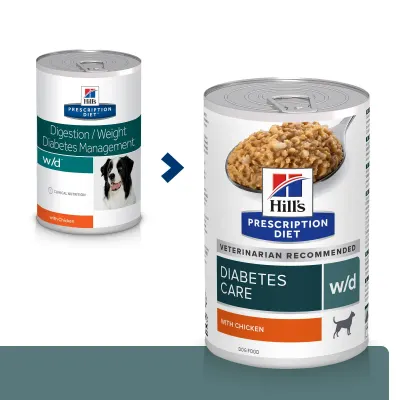 HILL'S Prescription Diet w/d Diabetes Care, Pui, dietă veterinară câini, conservă hrană umedă, metabolism (obezitate si diabet), 370g