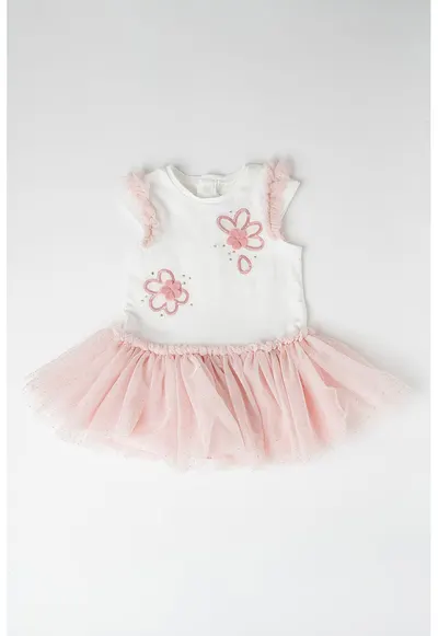 Rochie evazata cu tul - Alb/Roz prafuit