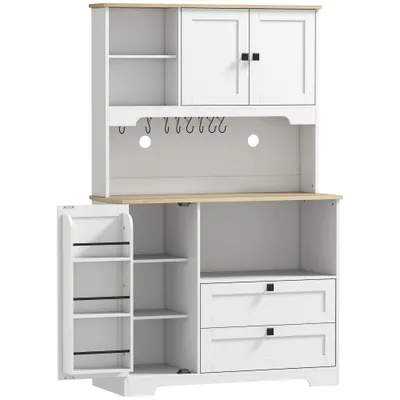 HOMCOM Bufet de Bucătărie Înalt 162 cm, Mobilier de Depozitare cu 2 Dulapuri, 2 Sertare, Suport Condimente, Orificii pentru Cabluri, Rafturi Reglabile, Blat pentru Cuptor cu Microunde, Suporturi pentru Cești, Alb | Aosom Romania