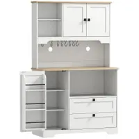 HOMCOM Bufet de Bucătărie Înalt 162 cm, Mobilier de Depozitare cu 2 Dulapuri, 2 Sertare, Suport Condimente, Orificii pentru Cabluri, Rafturi Reglabile, Blat pentru Cuptor cu Microunde, Suporturi pentru Cești, Alb | Aosom Romania