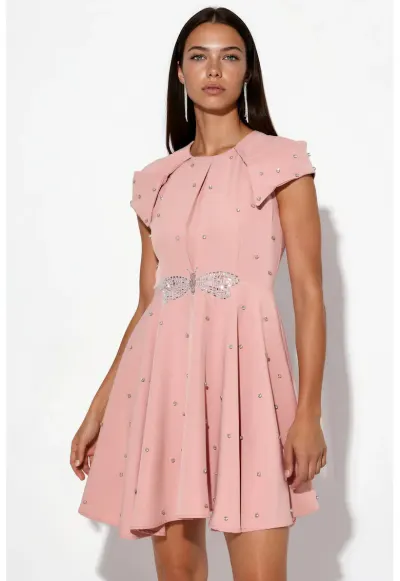 Rochie Mini A-line eleganta - roz prafuit - cu paiete - din poliester si lycra