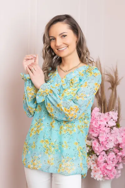 Bluza Vivienne din voal cu volanase si imprimeuri florale turcoaz