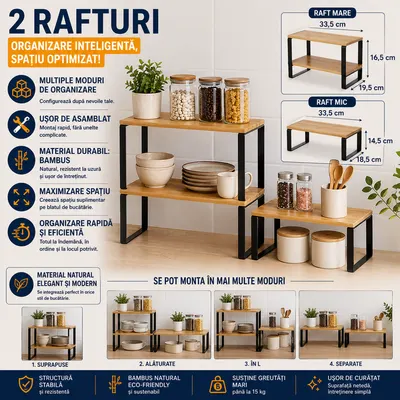 Set 2 Rafturi, Extensibile, Multifunctionale, Diverse Moduri De Aranjare Pentru Bucatarie, Birou, Baie, Bambus/Otel