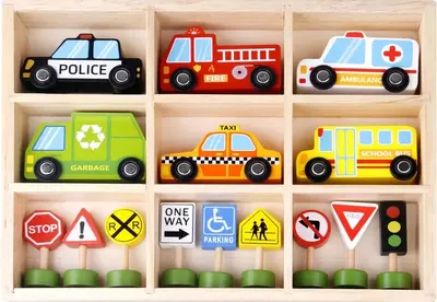Tooky Toy Set de jucării din lemn - Cărucior cu indicatoare rutiere