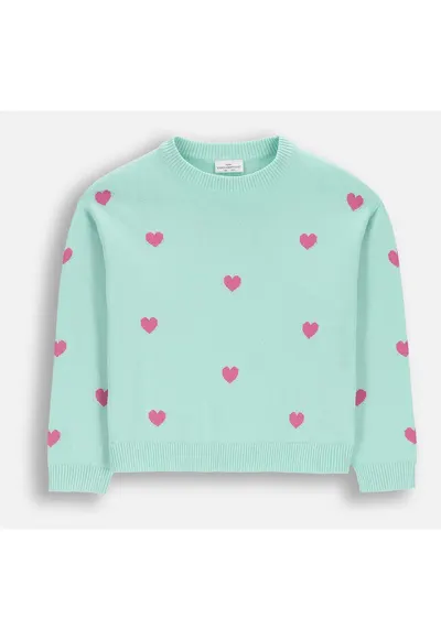 Pulover pentru fete - verde mentă - imprimeu inimi - Verde menta