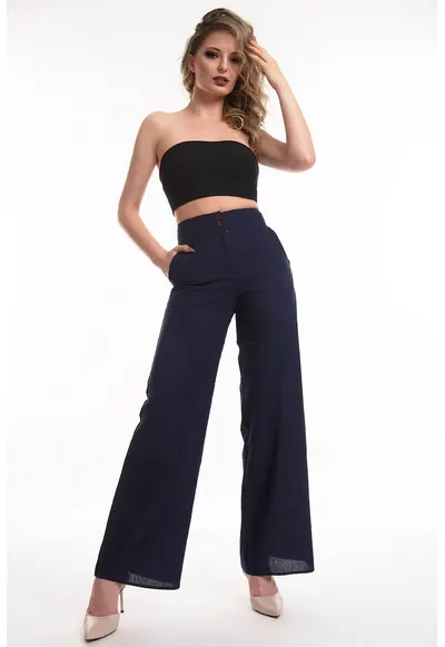 Pantaloni evazati din in - Bleumarin