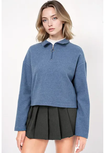 Pulover dama HiCCUP Relaxed Fit Crop - guler cu fermoar - bleumarin - bumbac si poliester