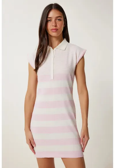 Rochie mini - Happiness Istanbul - bodycon - dungi - Roz Garoafa - bumbac/poliester