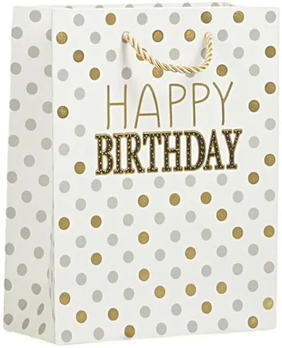 Pungă cadou Happy Birthday - Puncte, 26 х 32 х 10 cm, alb