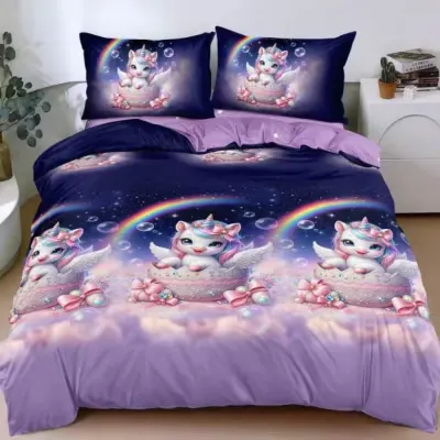 Lenjerie Pat Dublu Cu Elastic Bumbac Satinat - 3 Bucati 219 Lei - Albastru Mov Unicorni