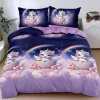 Lenjerie Pat Dublu Cu Elastic Bumbac Satinat - 3 Bucati 219 Lei - Albastru Mov Unicorni