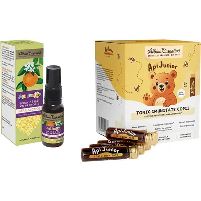 Pachet Apijunior Tonic Imunitate pentru Copii 20 fiole x 10ml + Apijunior Spray de Gat cu Propolis fara Alcool 20ml