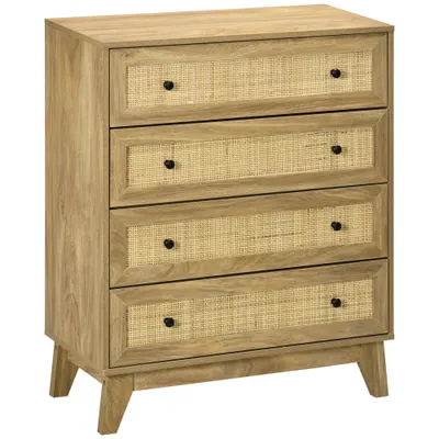 HOMCOM Cómoda cu 4 Sertare Comoda de Lemn cu Fronturi de Ratan Stil Cannage pentru Dormitor 80x35x95 cm Natural | Aosom Romania