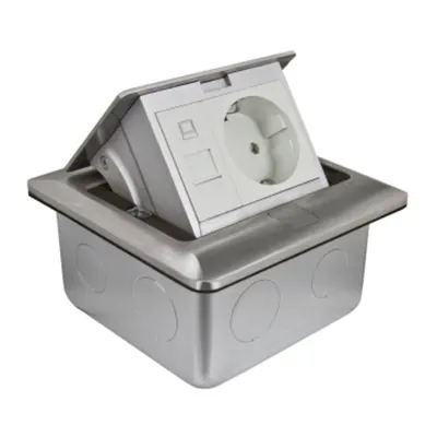 Doza pardoseala popup+doza protectie, metal, IP44, rectangulara, echipata cu priza 2m 2P+E+priza date 1m RJ45 UTP