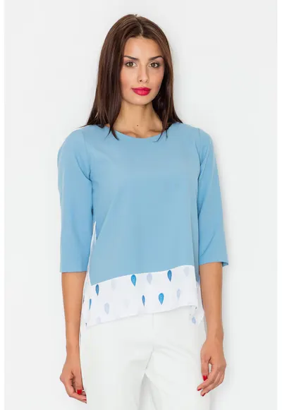 Bluza dama - Maneci trei sferturi - Poliester - Albastru deschis/Alb