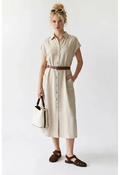 Rochie Camasa Midi cu Cordon - Bej Natural - Casual - 100% poliester
