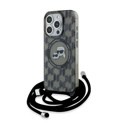 Husa MagSafe pentru Apple iPhone 15 Pro Max, Karl Lagerfeld, IML Crossbody Monogram Karl & Choupette's Heads, Neagra