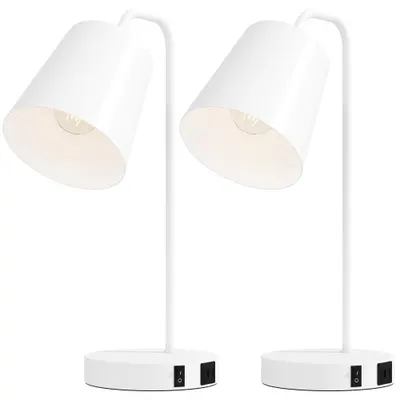 HOMCOM Set de 2 Veioze Moderne din Oțel cu Porturi USB, Soclu E27, Bec Neinclus, Alb | Aosom Romania