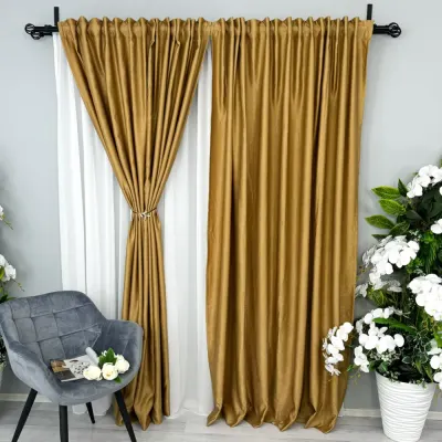 Set 2 Draperii Soft Touch, cu Aspect Fin si Tenta Satinata, 140cm latime x 260cm inaltime, cu TIV LAT, Bej Gold