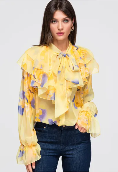 Camasa dama lunga cu volane si legatura la gat - fit lejer - OW-SH-E0043 - Galben
