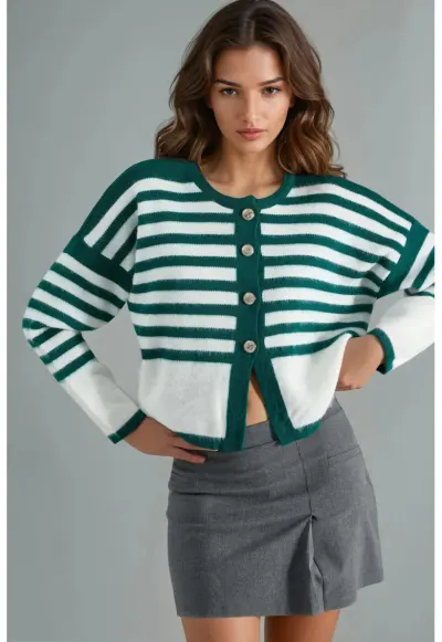 Cardigan tricotat cu dungi cu nervuri - verde Sacramento - 100% acrilic - pentru femei