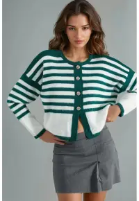 Cardigan tricotat cu dungi cu nervuri - verde Sacramento - 100% acrilic - pentru femei -