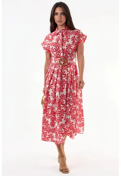Rochie midi rosu/alb - poliester/lycra