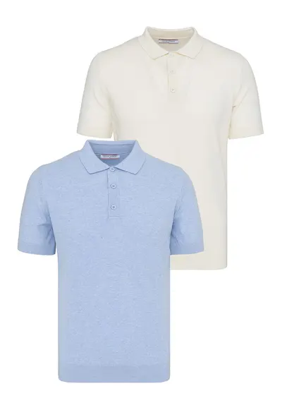 Set de tricouri din bumbac cu guler polo - 2 piese - Albastru pastel/Ocru