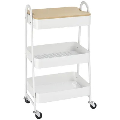 HOMCOM Carucior de depozitare din otel cu rotile cu 3 nivele, raft MDF, manere dim. 45L x 31l x 79.4H cm | Aosom Romania