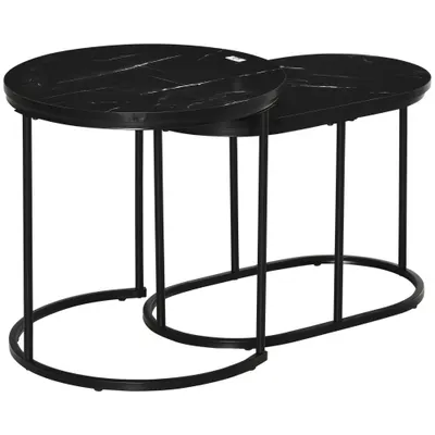 HOMCOM Set 2 Măsuțe de Cafea cu Blat cu Efect de Marmură din MDF și Oțel Negru | Aosom Romania