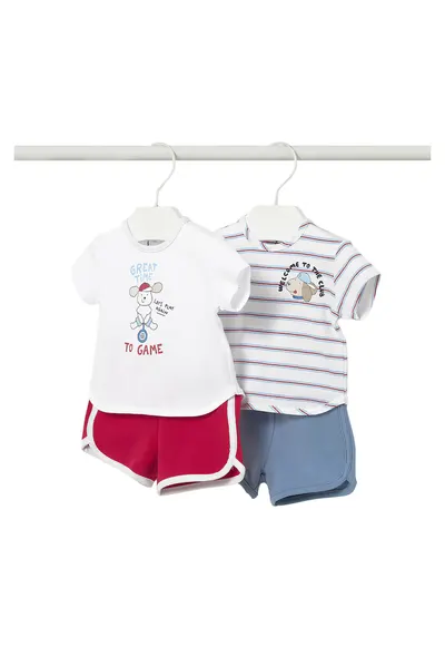 Set compleu copii - 2 tricouri+pantaloni scurti - alb - colorat - bumbac