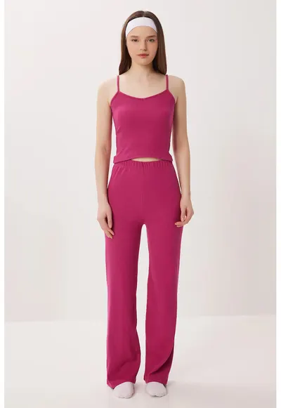 Set pijamale - Happiness Istanbul - tricotat cu decolteu in V - cu nervuri - roz magenta - bumbac