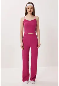 Set pijamale - Happiness Istanbul - tricotat cu decolteu in V - cu nervuri - roz magenta - bumbac