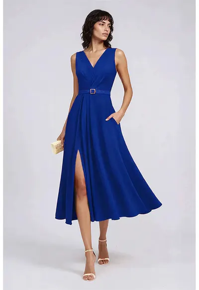 Rochie evazata cu slit lateral - Albastru royal