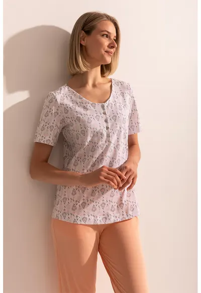 Pijama din bumbac cu pantaloni scurti si imprimeu - Alb/Portocaliu pal