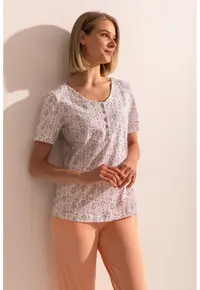 Pijama din bumbac cu pantaloni scurti si imprimeu - Alb/Portocaliu pal