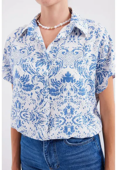 Camasa HiCCUP cu maneca scurta - imprimeu floral - albastru - din viscoza