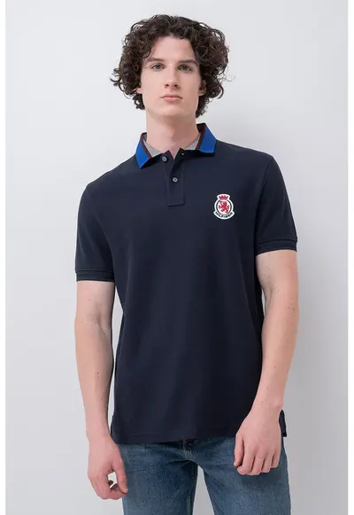 Tricou polo din bumbac organic cu aplicatie logo pe piept - Bleumarin